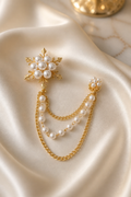 Elegant Pearl and Gold Lapel Chain Brooch-0