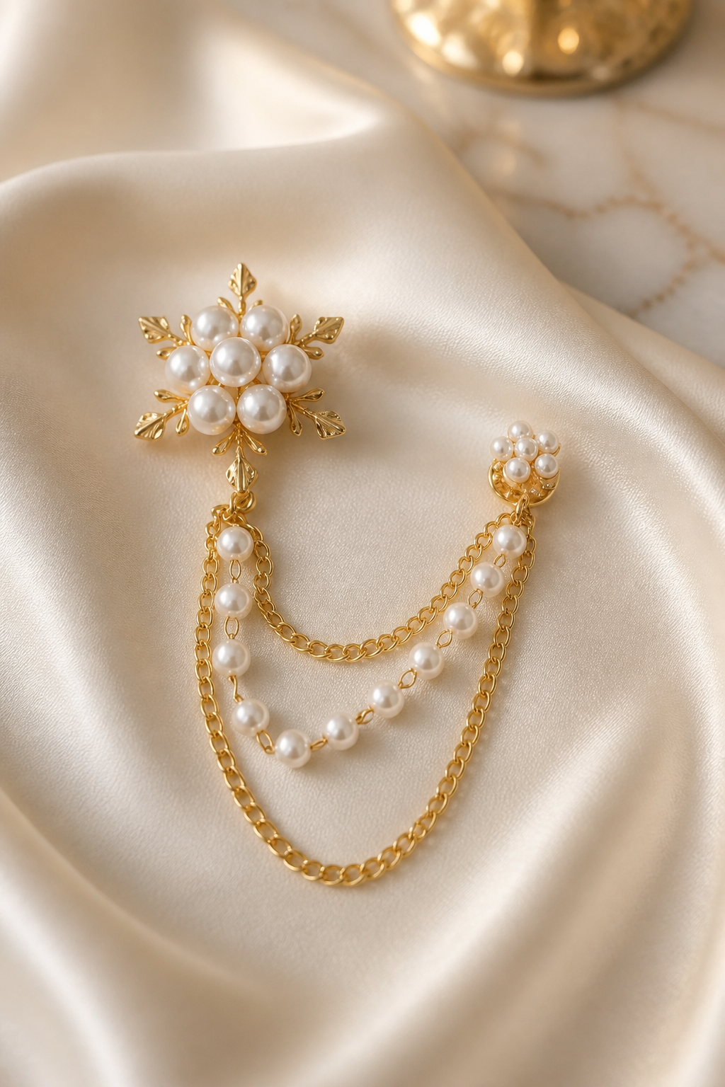 Elegant Pearl and Gold Lapel Chain Brooch-0
