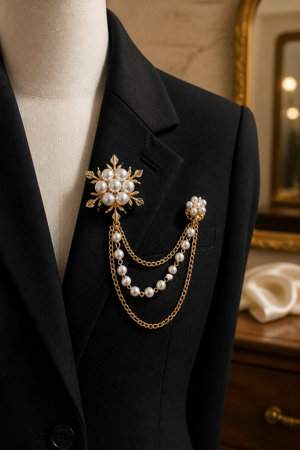 Elegant Pearl and Gold Lapel Chain Brooch-1