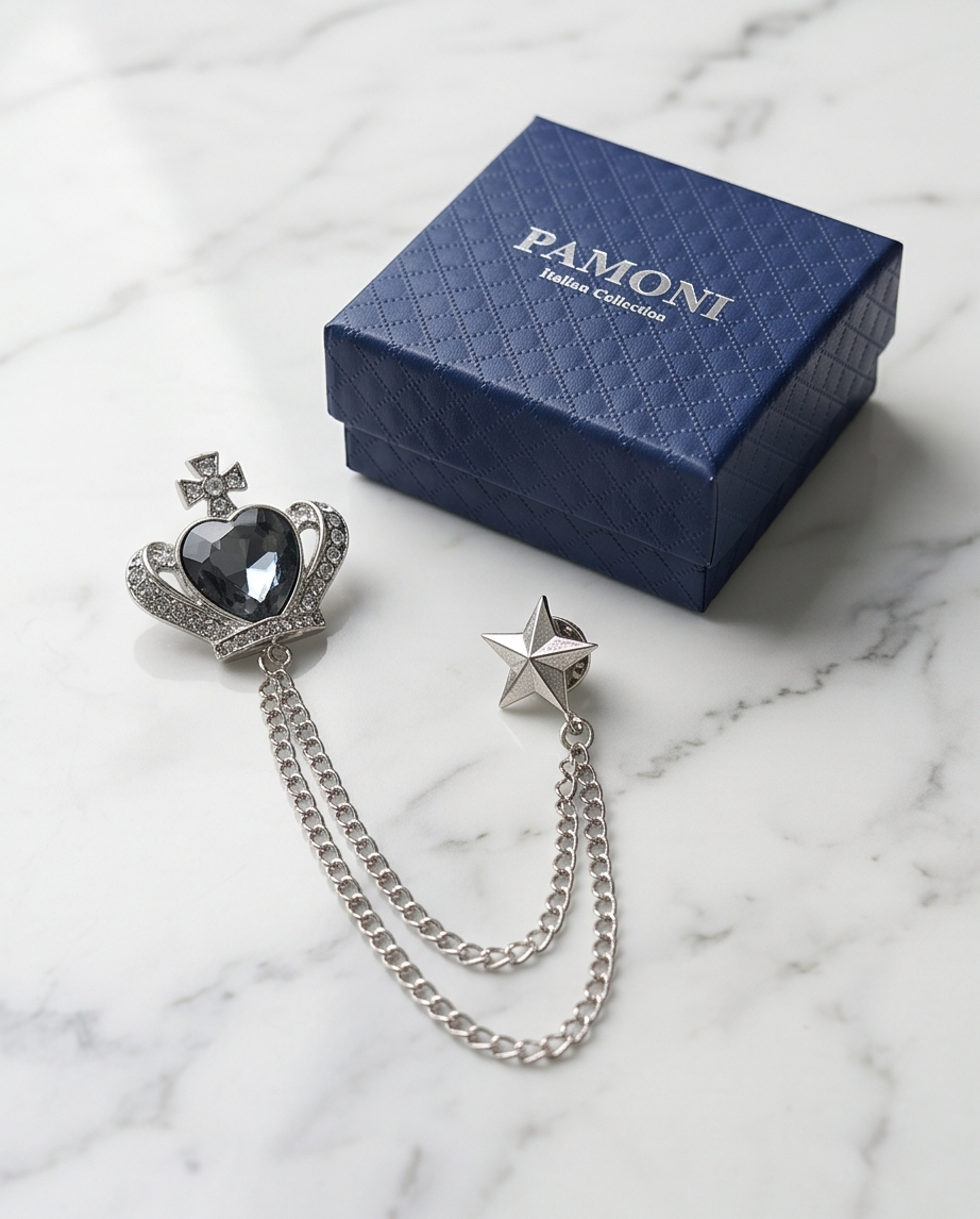 Royal Crown & Star Lapel Chain Brooch-2
