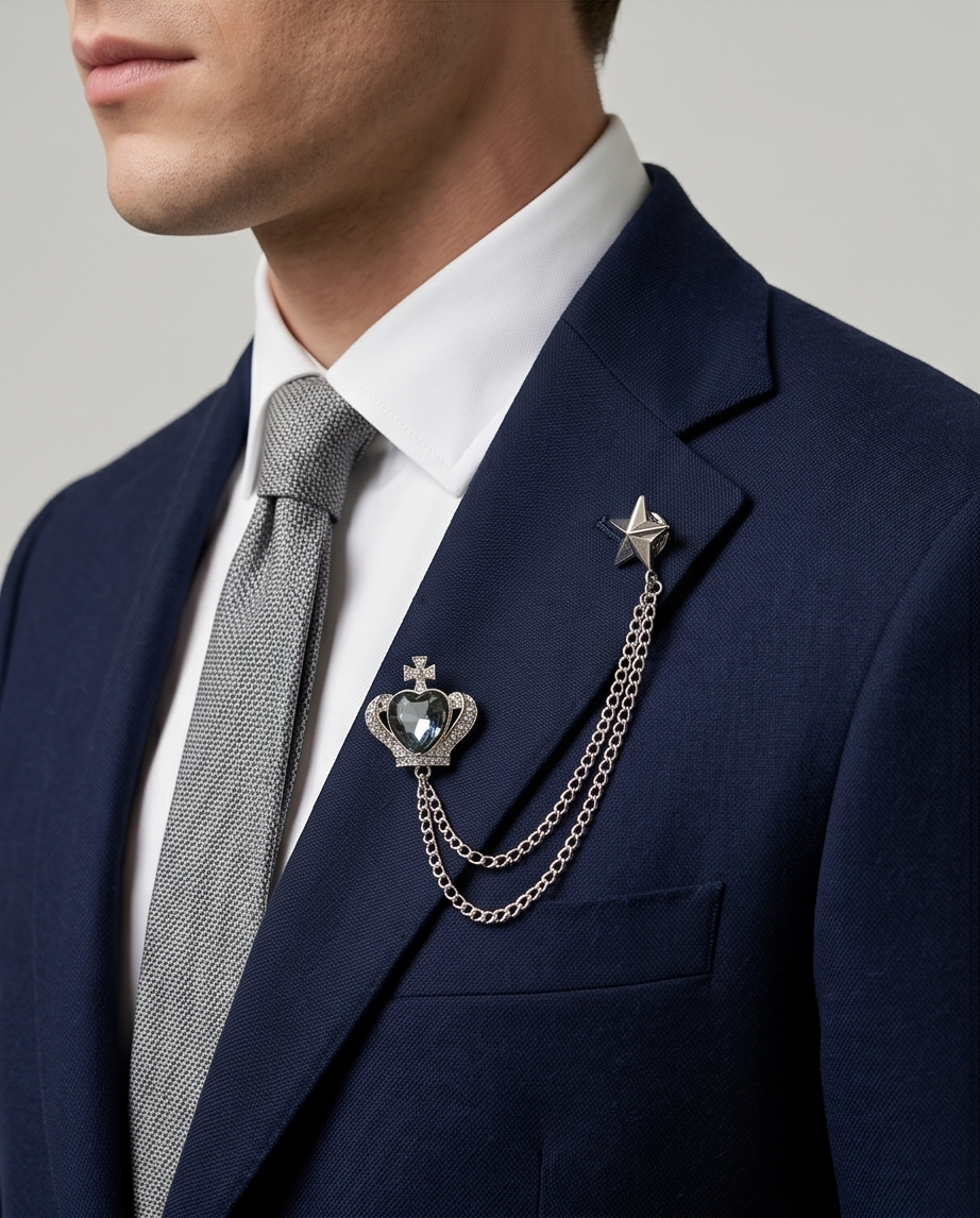 Royal Crown & Star Lapel Chain Brooch-1