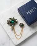 Opulent Emerald & Pearl Lapel Chain Brooch-0
