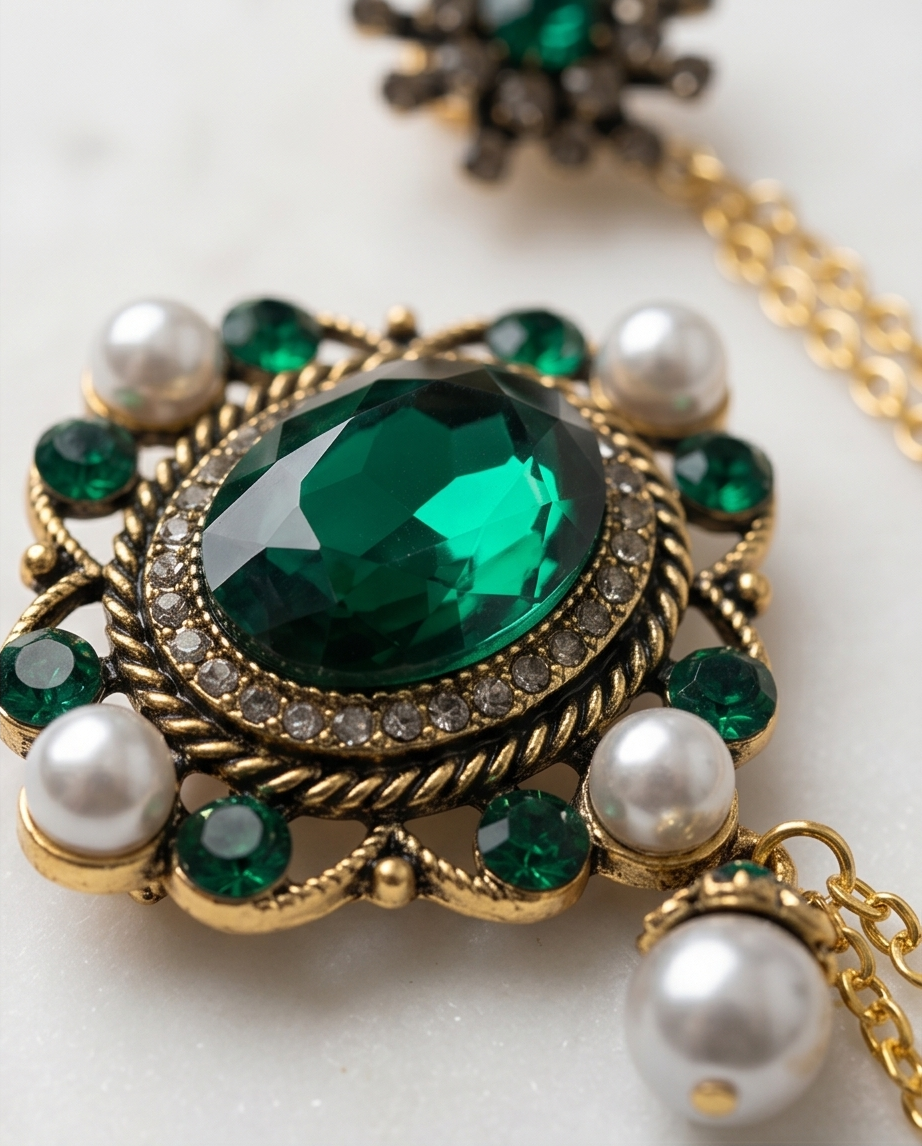 Opulent Emerald & Pearl Lapel Chain Brooch-2
