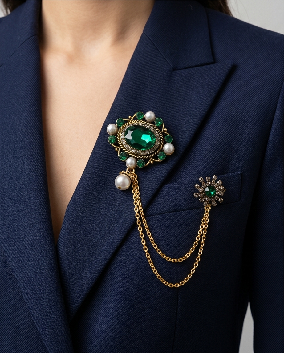 Opulent Emerald & Pearl Lapel Chain Brooch-1