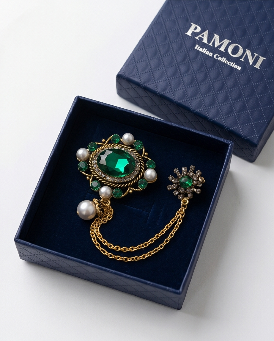 Opulent Emerald & Pearl Lapel Chain Brooch-3