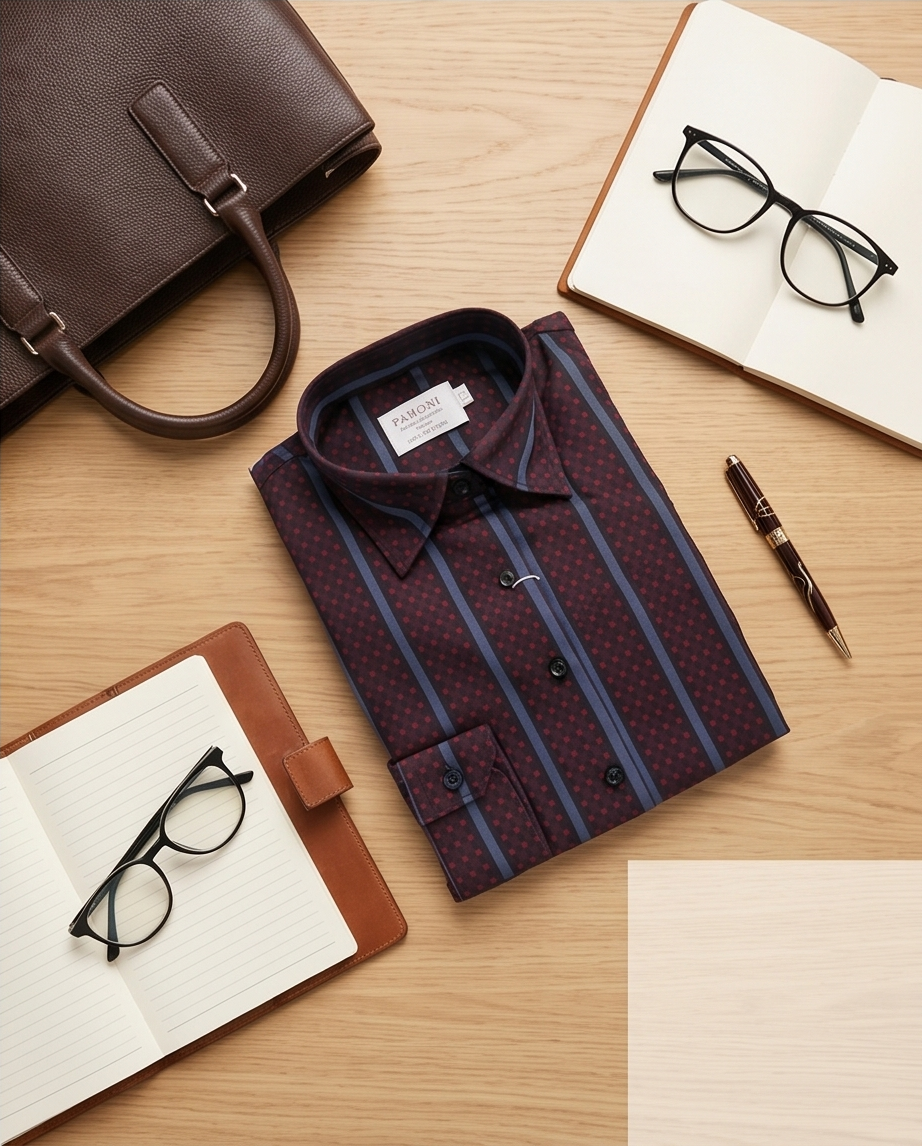 Burgundy & Blue Stripe Fitted Cotton Shirt-3