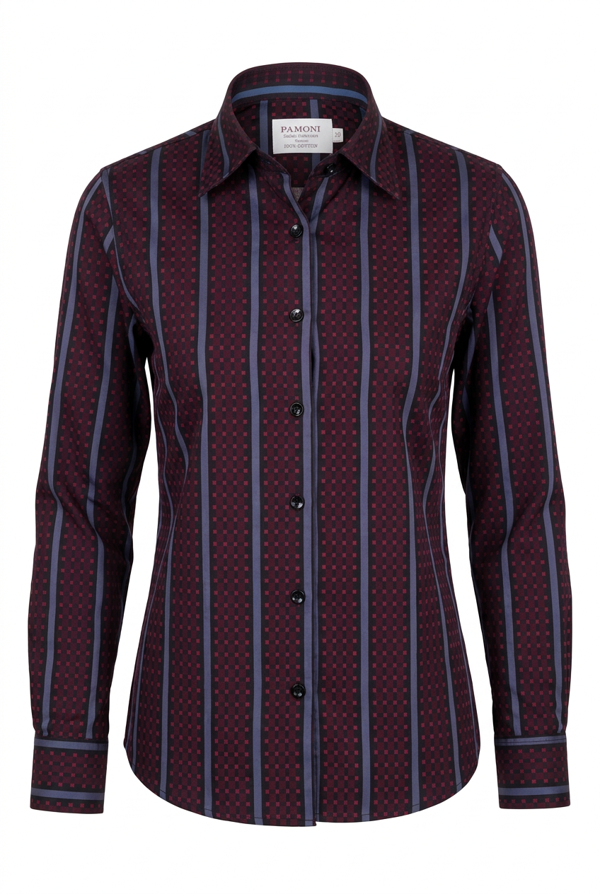 Burgundy & Blue Stripe Fitted Cotton Shirt-4