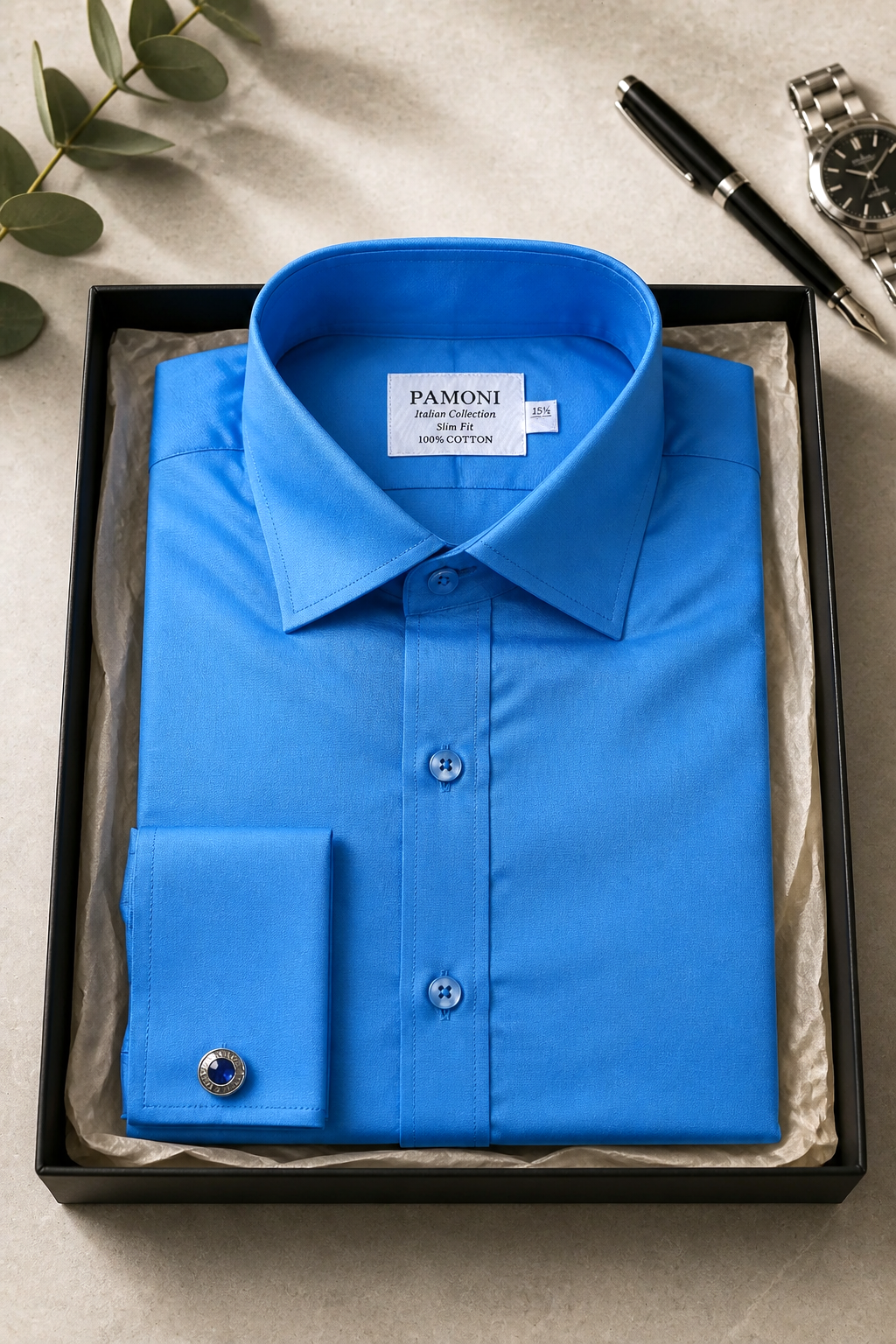 Sky Blue Slim Fit Double Cuff 100% Cotton Dress Shirt-4