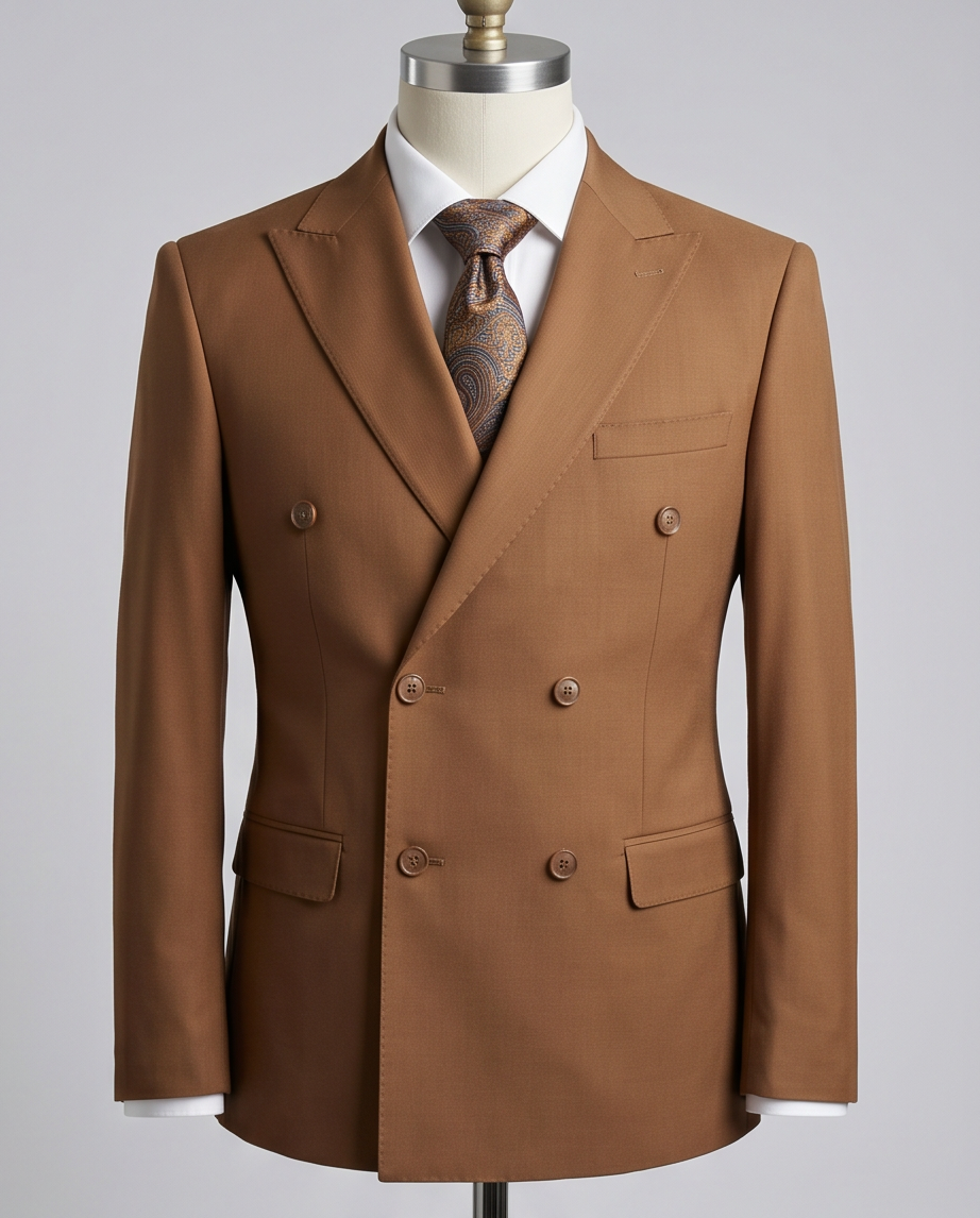 Men’s Slim-Fit Double-Breasted Wool-Blend Suit – Cognac Brown-1