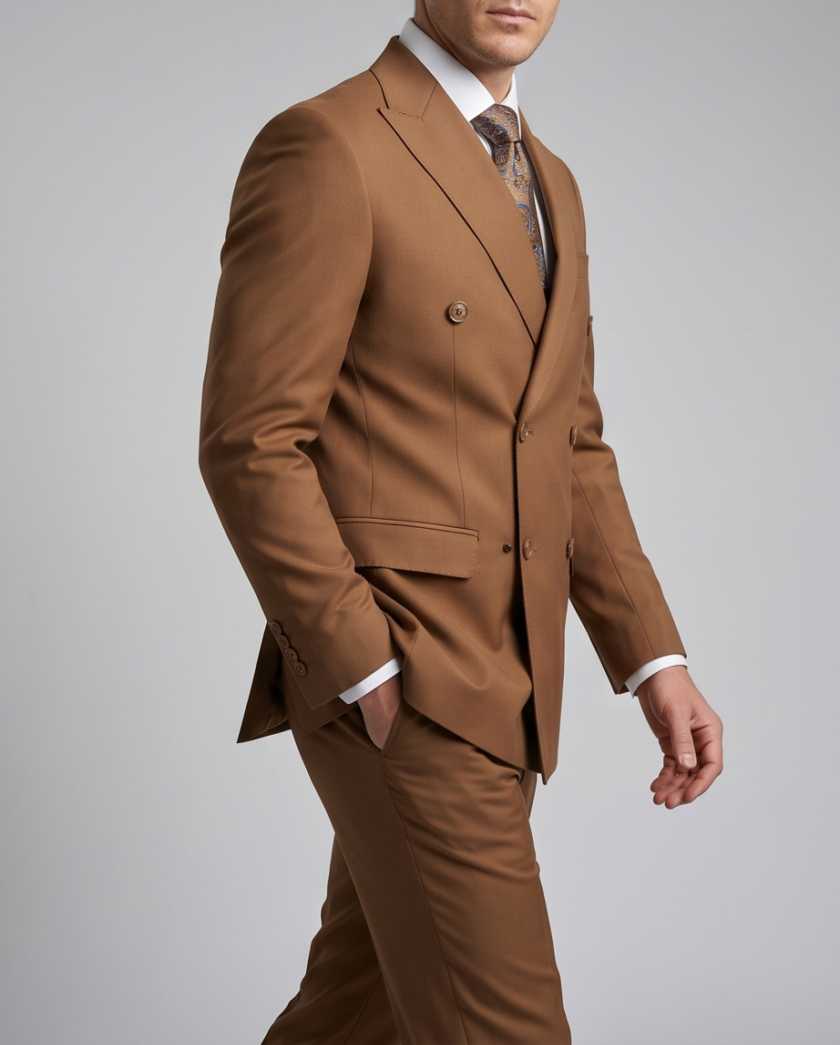 Men’s Slim-Fit Double-Breasted Wool-Blend Suit – Cognac Brown-2