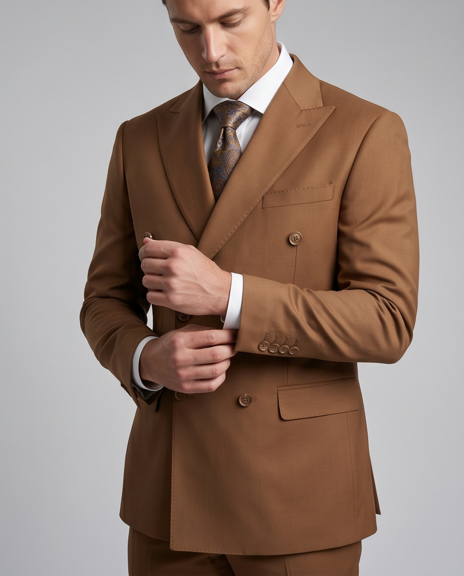 Men’s Slim-Fit Double-Breasted Wool-Blend Suit – Cognac Brown-3