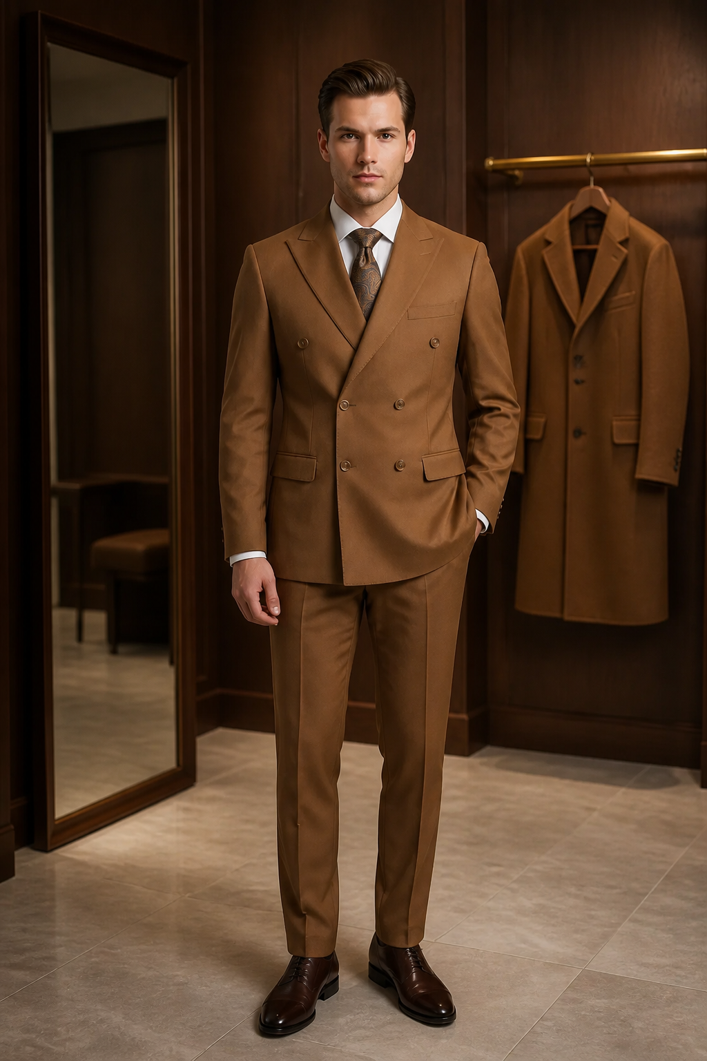 Men’s Slim-Fit Double-Breasted Wool-Blend Suit – Cognac Brown-0