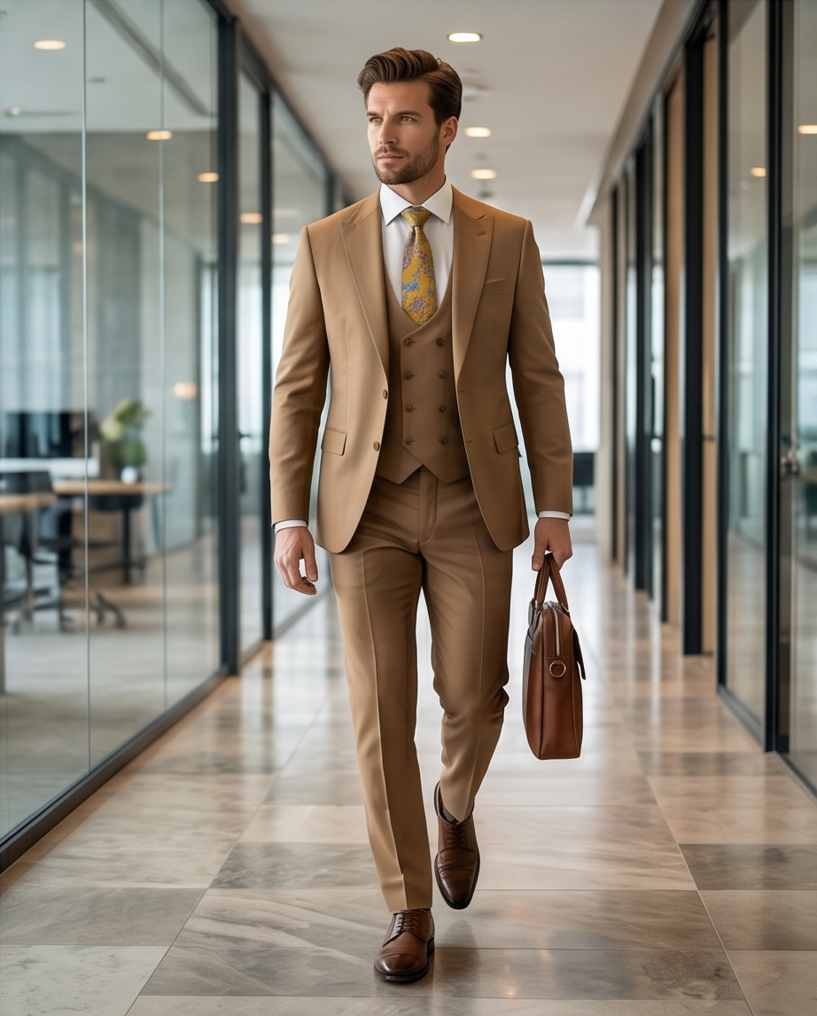 The Executive Slim-Fit Three-Piece Suit – Camel Wool Blend-0