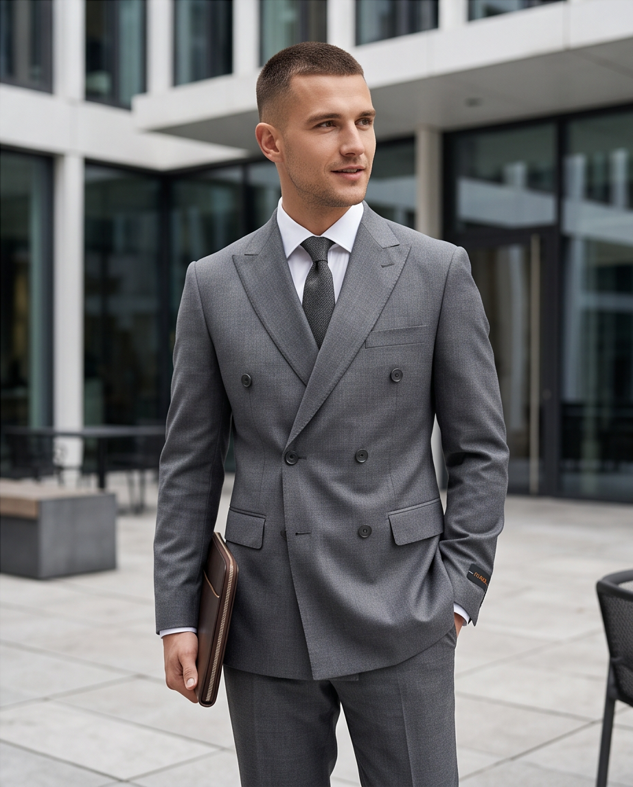 Modern Grey Slim Fit Double-Breasted Suit-2