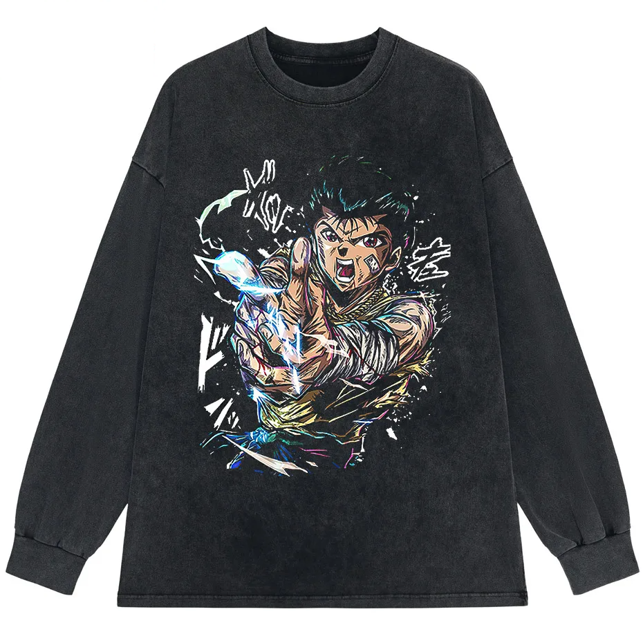 Hip Hop Vintage Washed T-Shirt Men Japanese Anime Boy Graphic Harajuku Streetwear Cotton Summer Tee-5