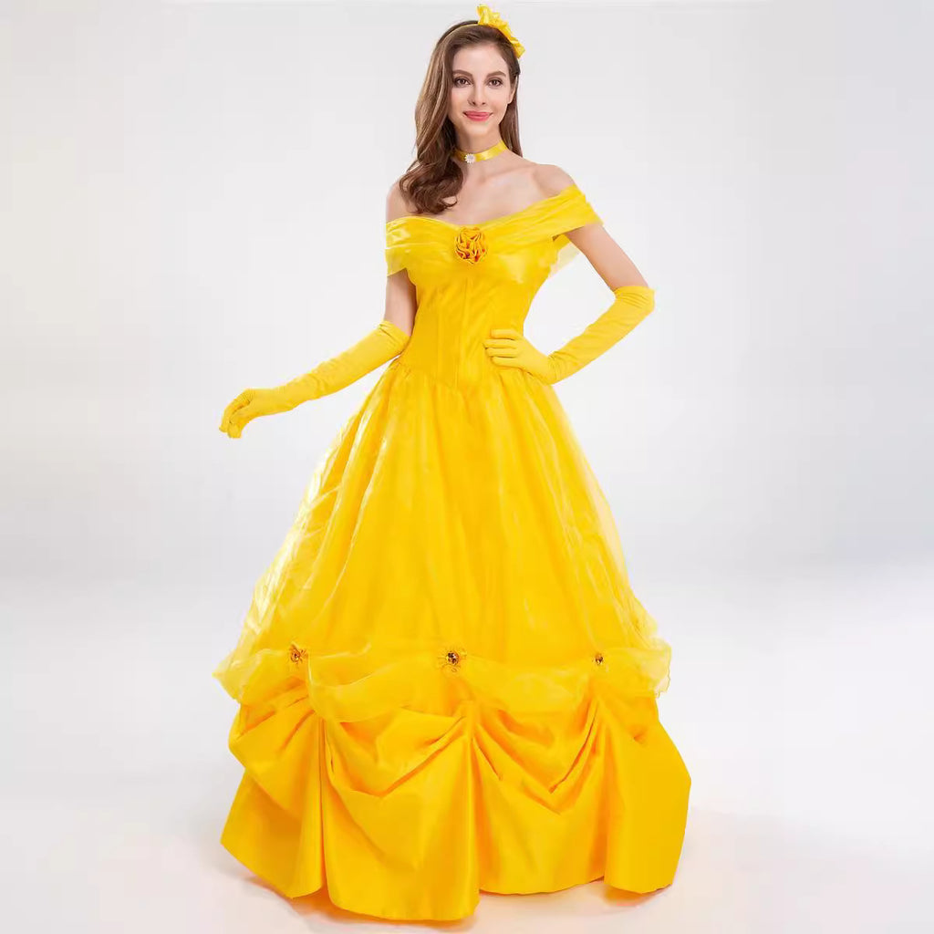 Beast Cosplay Belle Princess Yellow Dress for Women Adult Costume Stage Performance Dress