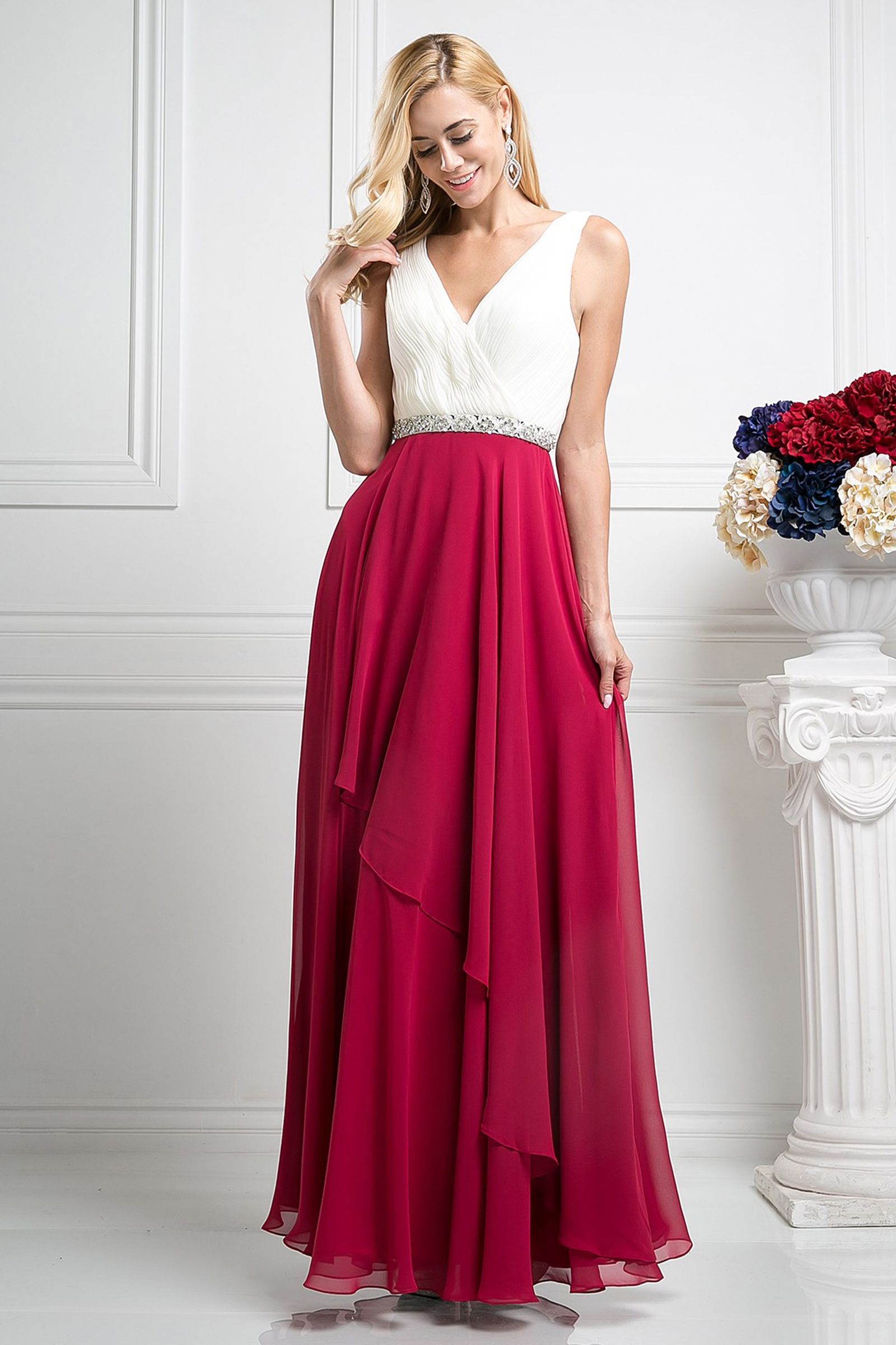 Beaded Belt Chiffon A - Line Dress-2