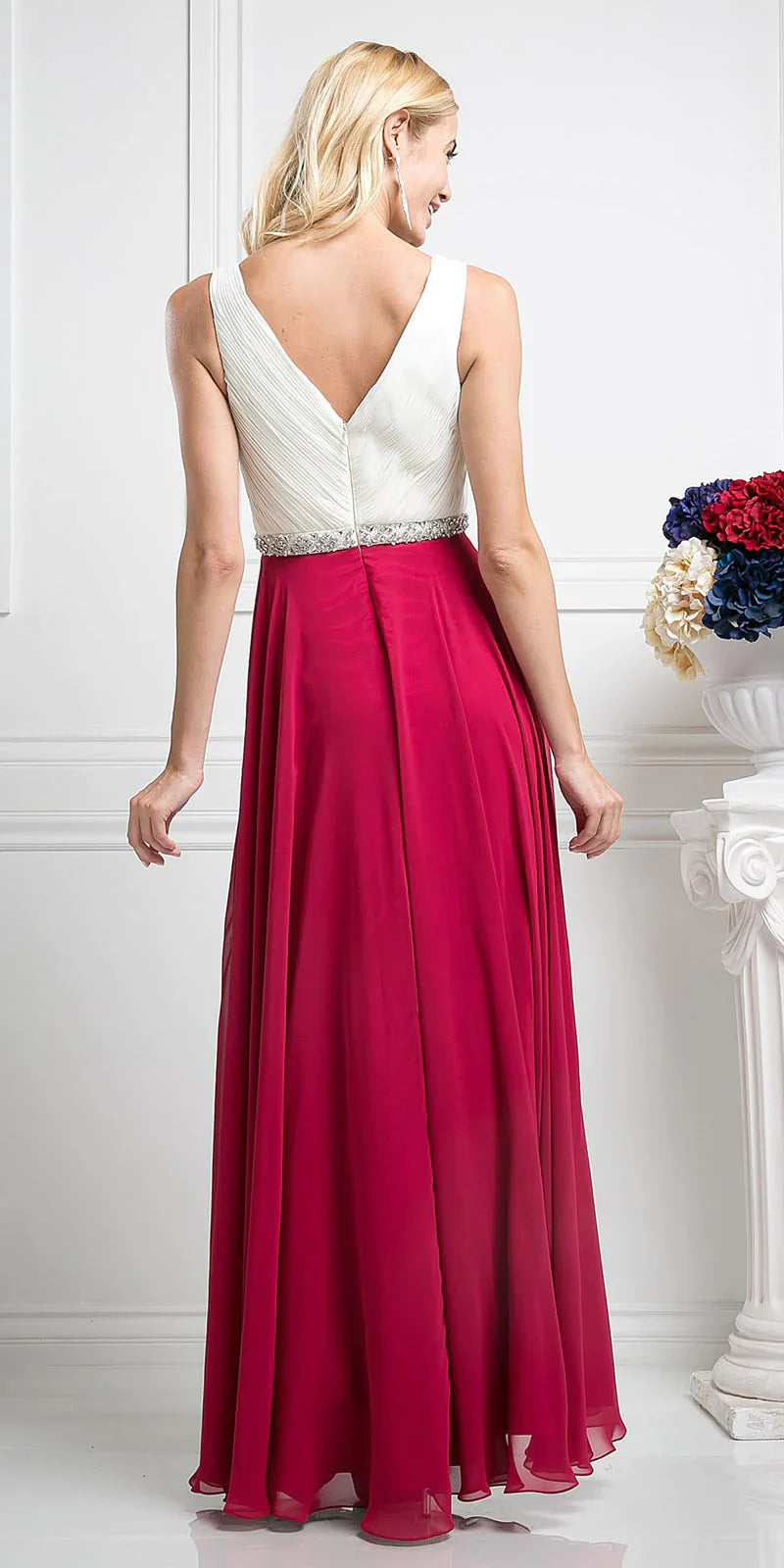 Beaded Belt Chiffon A - Line Dress-5