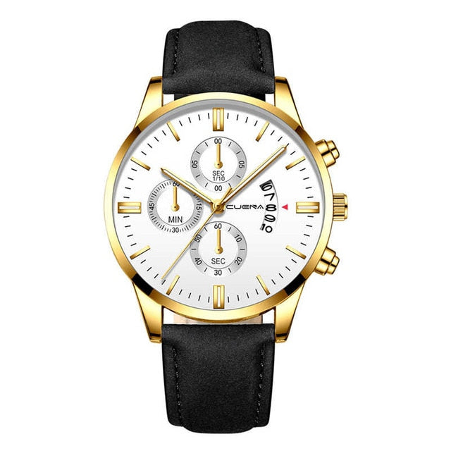 CUENA Fashion Men's Stainless Steel Watch Leather Band Analog Quartz Wrist Watch