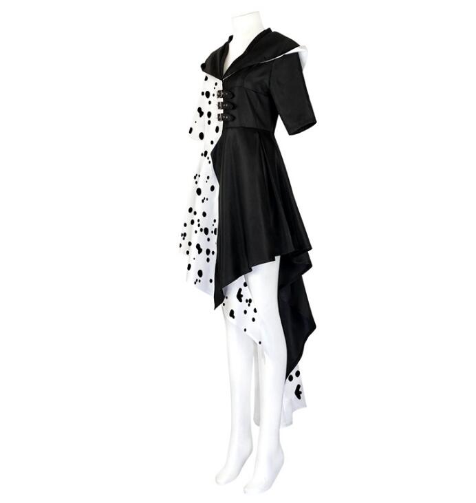 Halloween Cruella Costume Cosplay Evil Queen Black White Coat Evening Party Dress Fashion Emma Magic Performance Oufit