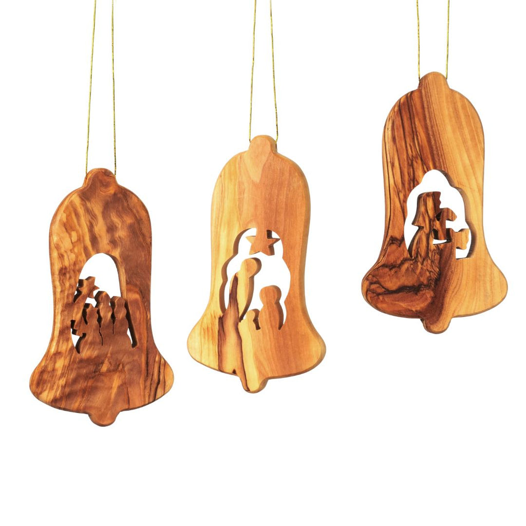 Christmas tree decorations, nativity scene, set of 3 bell pendants - without bark