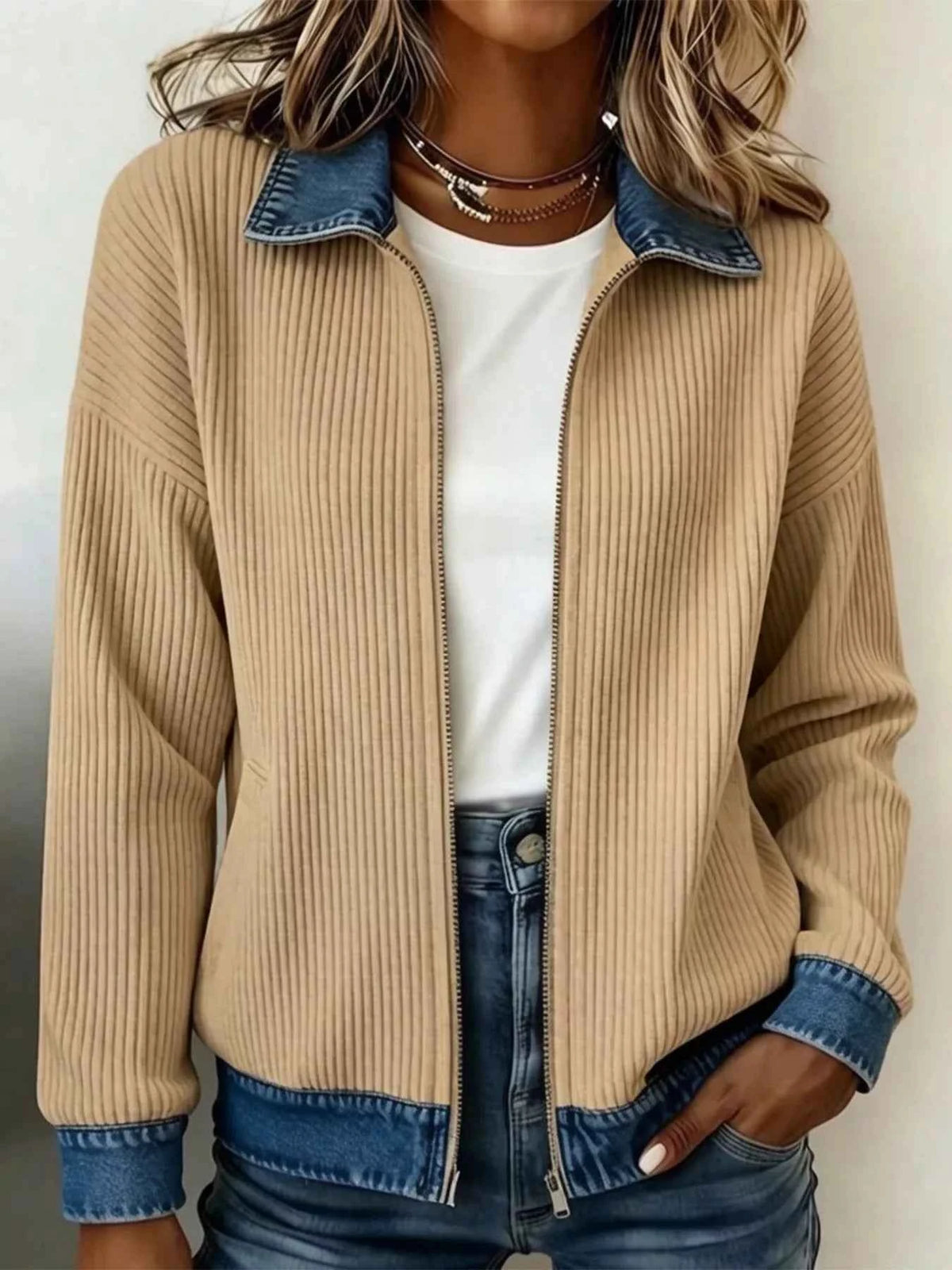 Contrast Denim Collar Ribbed Knit Jacket
