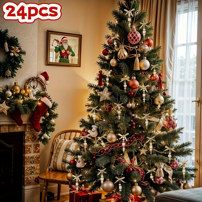 Wooden Bead Boho Christmas Tree Ornaments (24-Piece)