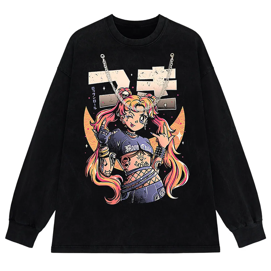 Men's Retro Anime Girl Graphic T-Shirt Cotton Oversized Vintage Tee-4