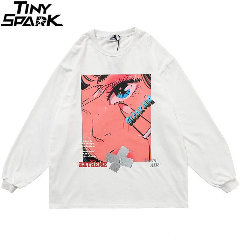 Men Hip Hop Oversized T Shirt Long Sleeve Streetwear Japanese Anime Girl Tshirt Harajuku Cartoon Tops Tees Cotton Loose-3