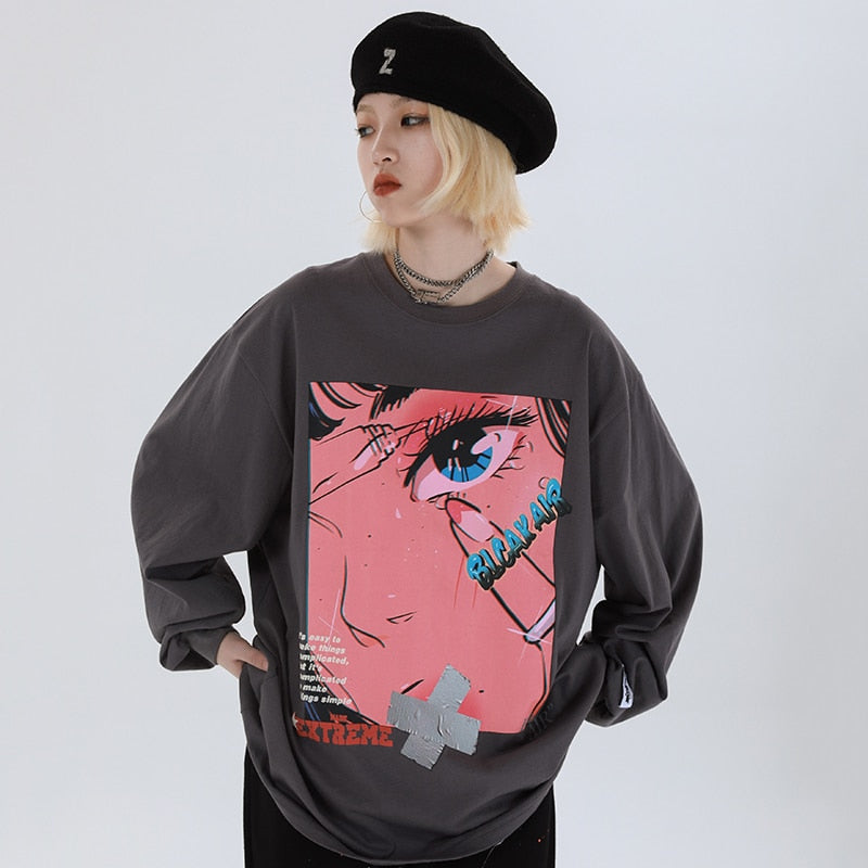 Men Hip Hop Oversized T Shirt Long Sleeve Streetwear Japanese Anime Girl Tshirt Harajuku Cartoon Tops Tees Cotton Loose-4