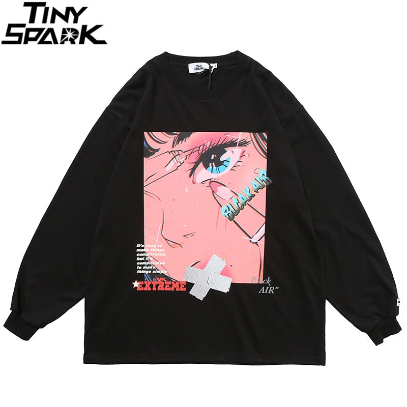 Men Hip Hop Oversized T Shirt Long Sleeve Streetwear Japanese Anime Girl Tshirt Harajuku Cartoon Tops Tees Cotton Loose-1