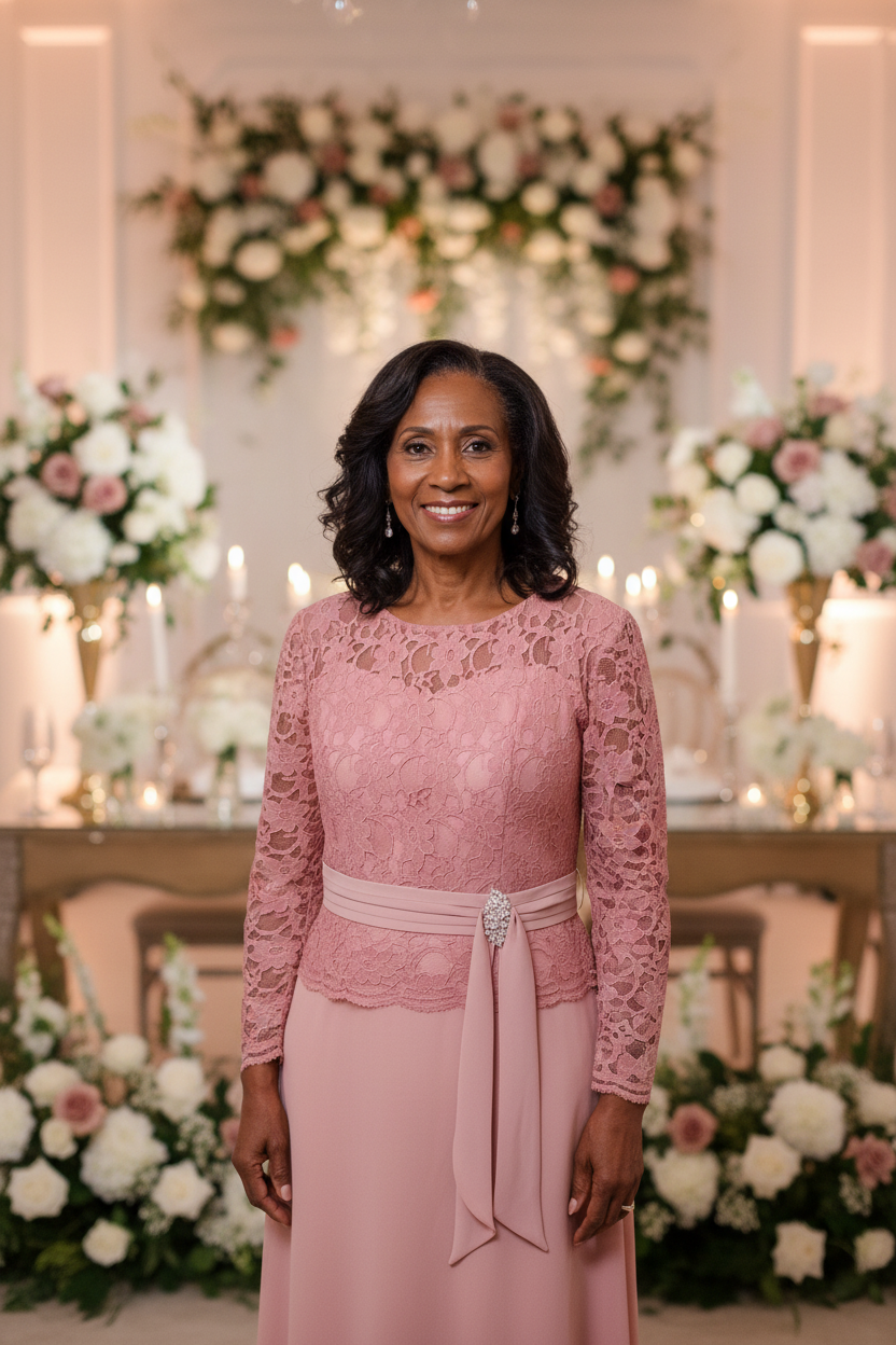 Pale pink lace embellished A-line mother of the bride dress-0