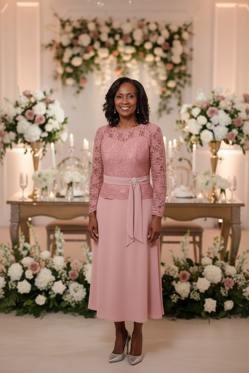 Pale pink lace embellished A-line mother of the bride dress-1