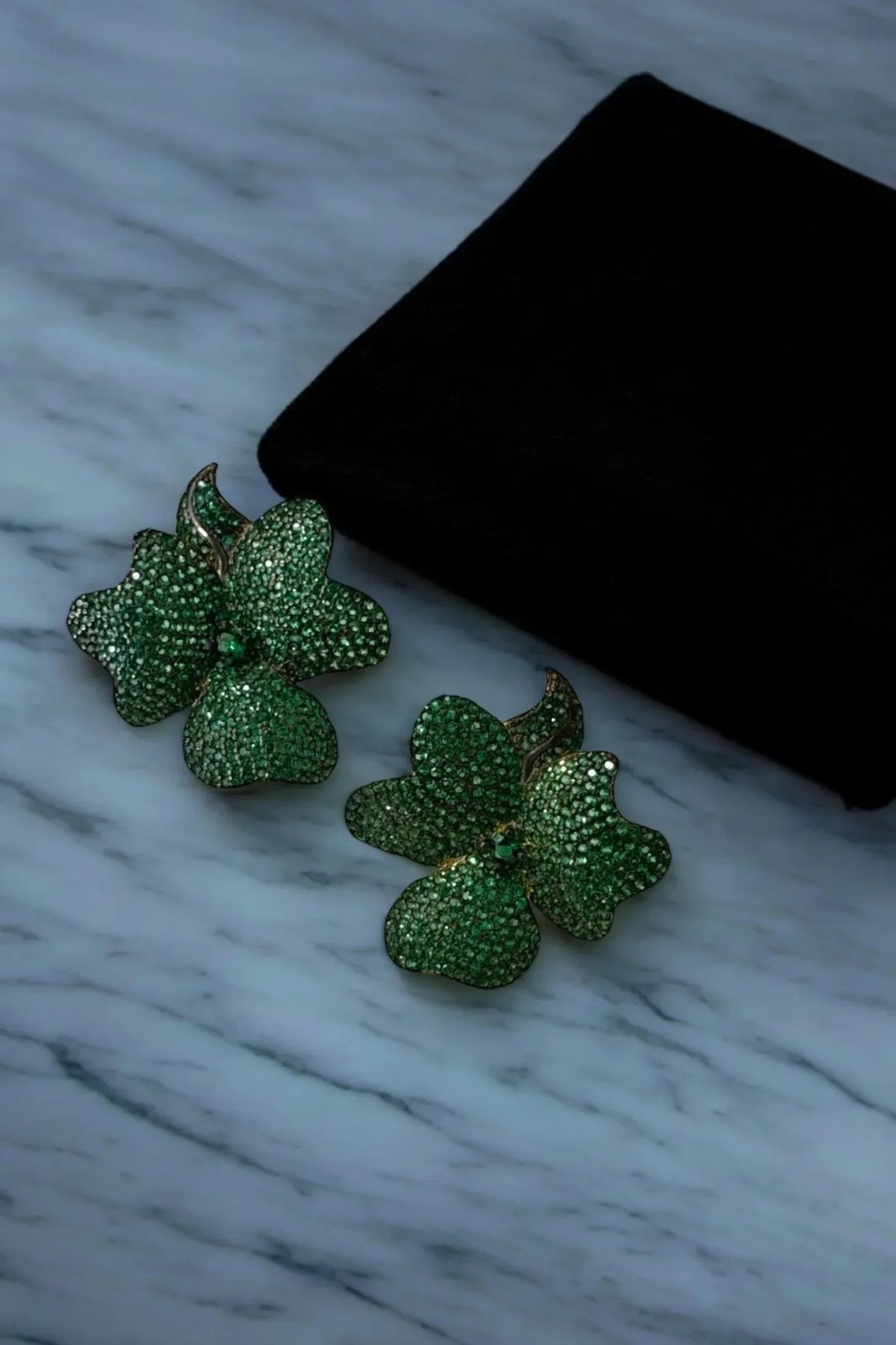 Flower Large Stud Earrings Gold Emerald Green