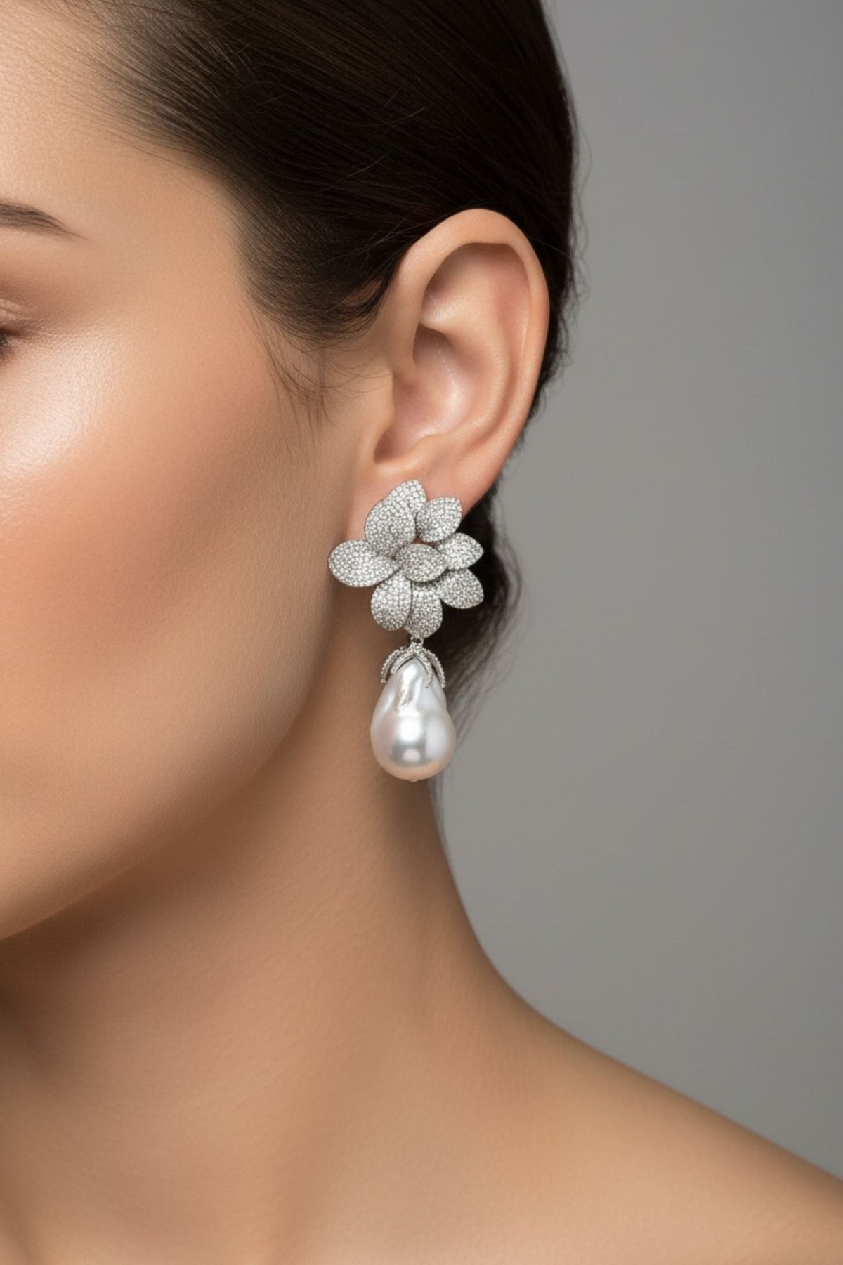 Amaryllis Flower Baroque Pearl Drop Earrings White Silver