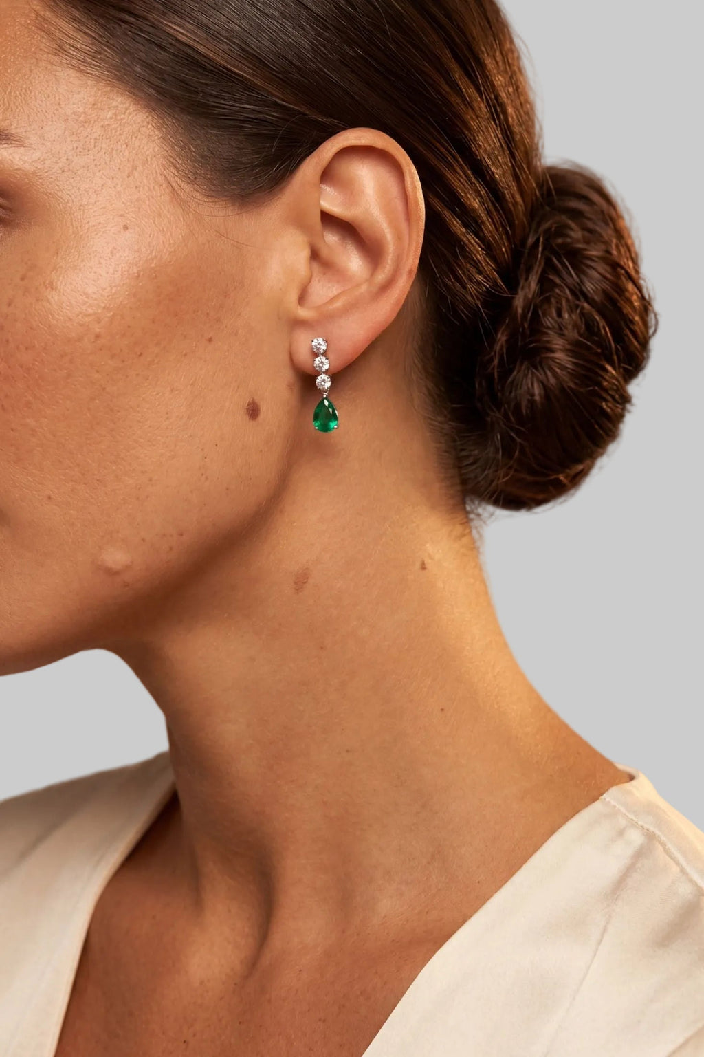 Delphine Colombian Emerald Triple Drop Earrings Silver