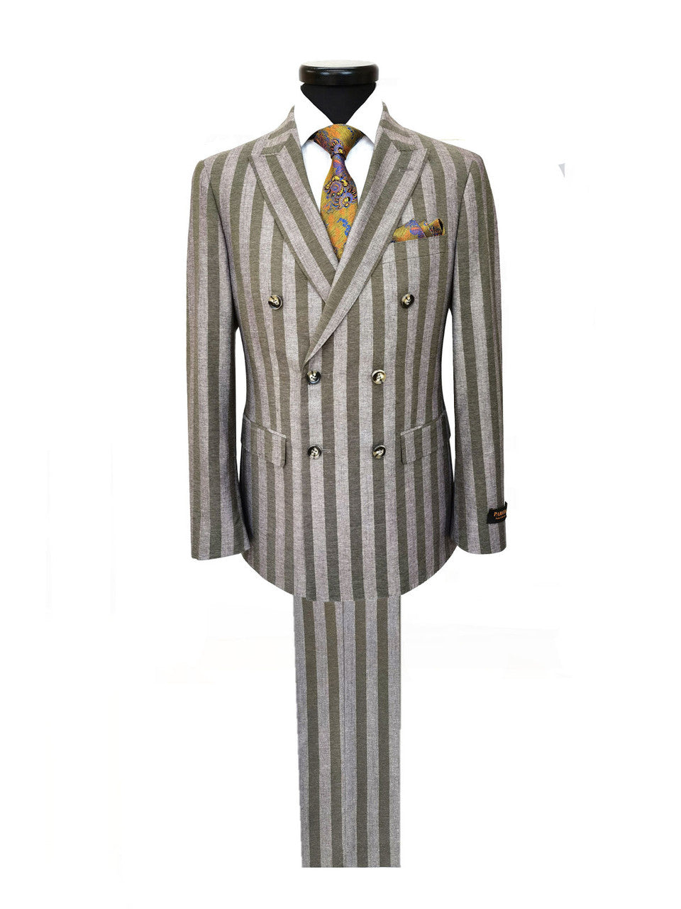 Brown Khaki Bold Stripe Double Breasted Suit-0