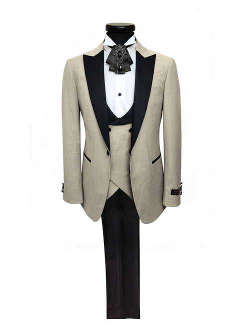 Beige 3-Piece Tuxedo With Black Peak Lapel-0