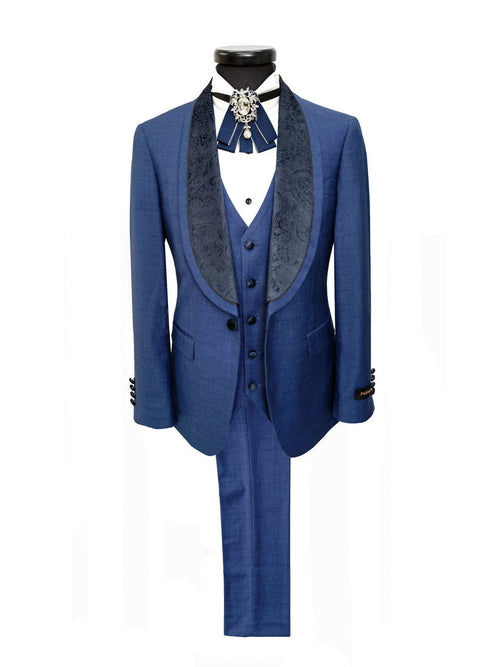 Blue 3-Piece Tuxedo With Wide Shawl Lapel-0