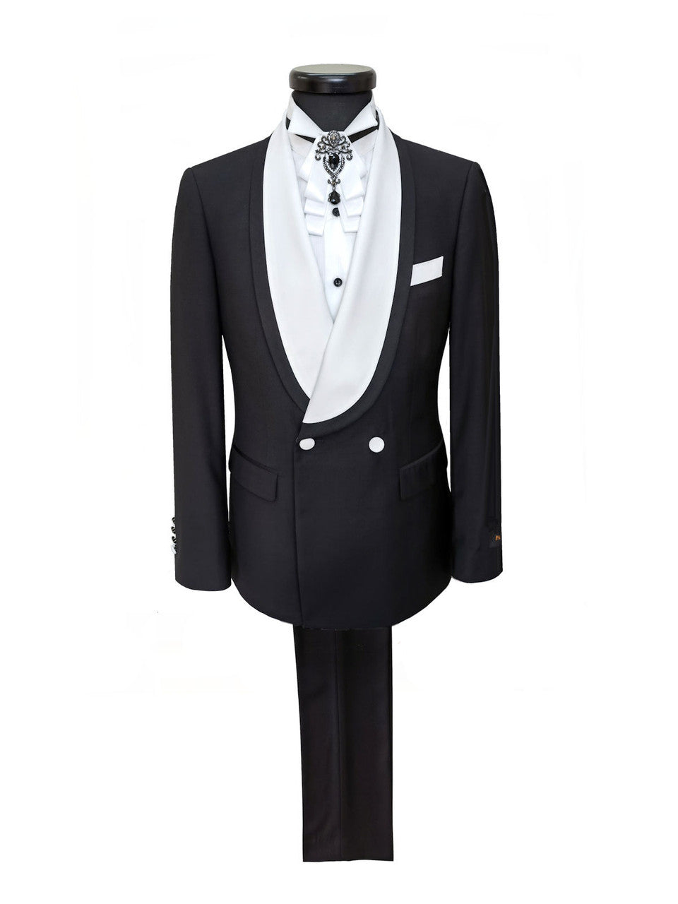Black Double Breasted Tuxedo With White Shawl Lapel-0