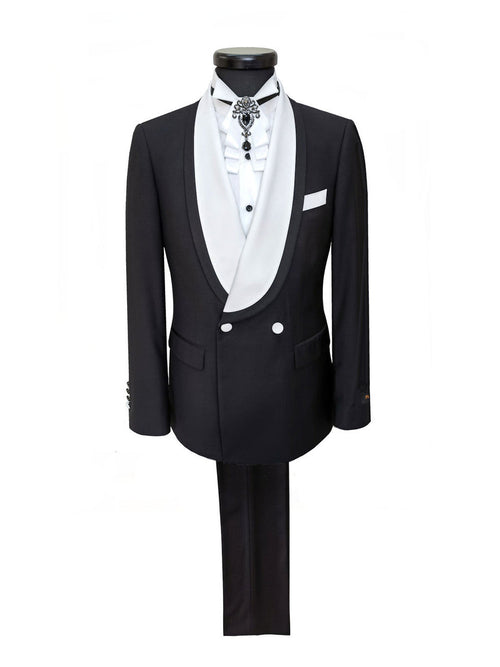 Black Double Breasted Tuxedo With White Shawl Lapel-0
