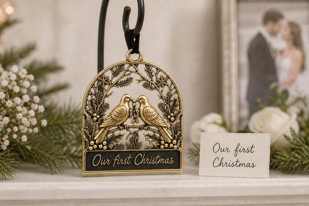 Two Doves First Christmas Ornament – Antique Brass, Personalized