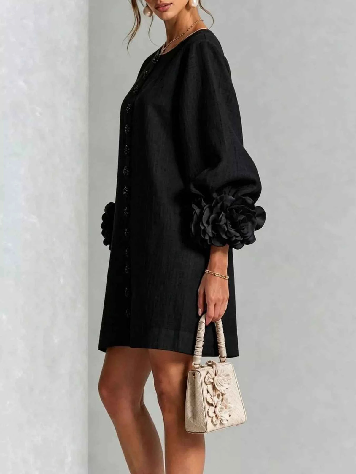 3D Floral 3/4 Sleeve Mini Dress