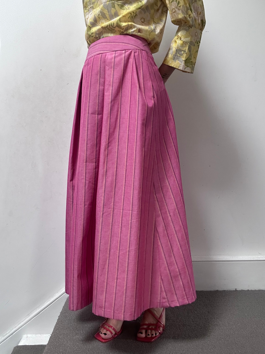 Maxi skirt with pockets Organic Linen Pink stripe – Valery | No More Nobody-2