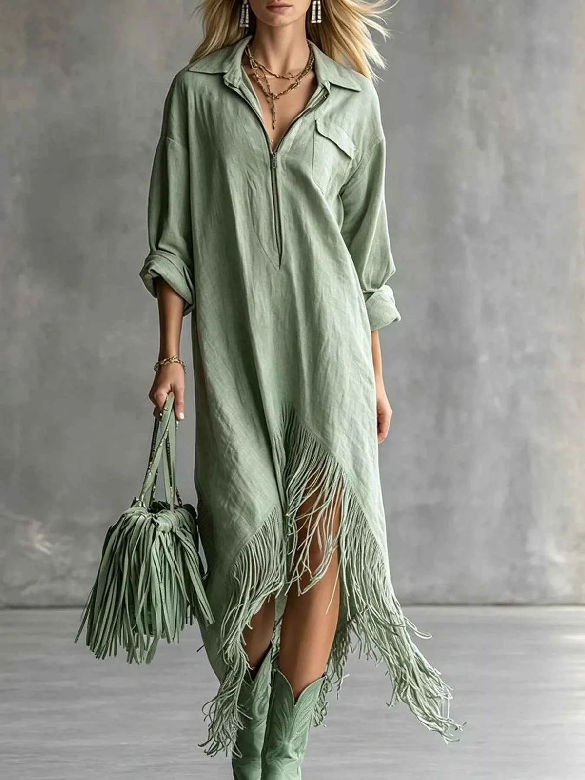 Fringe Hem Zip-Up Shirt Dress