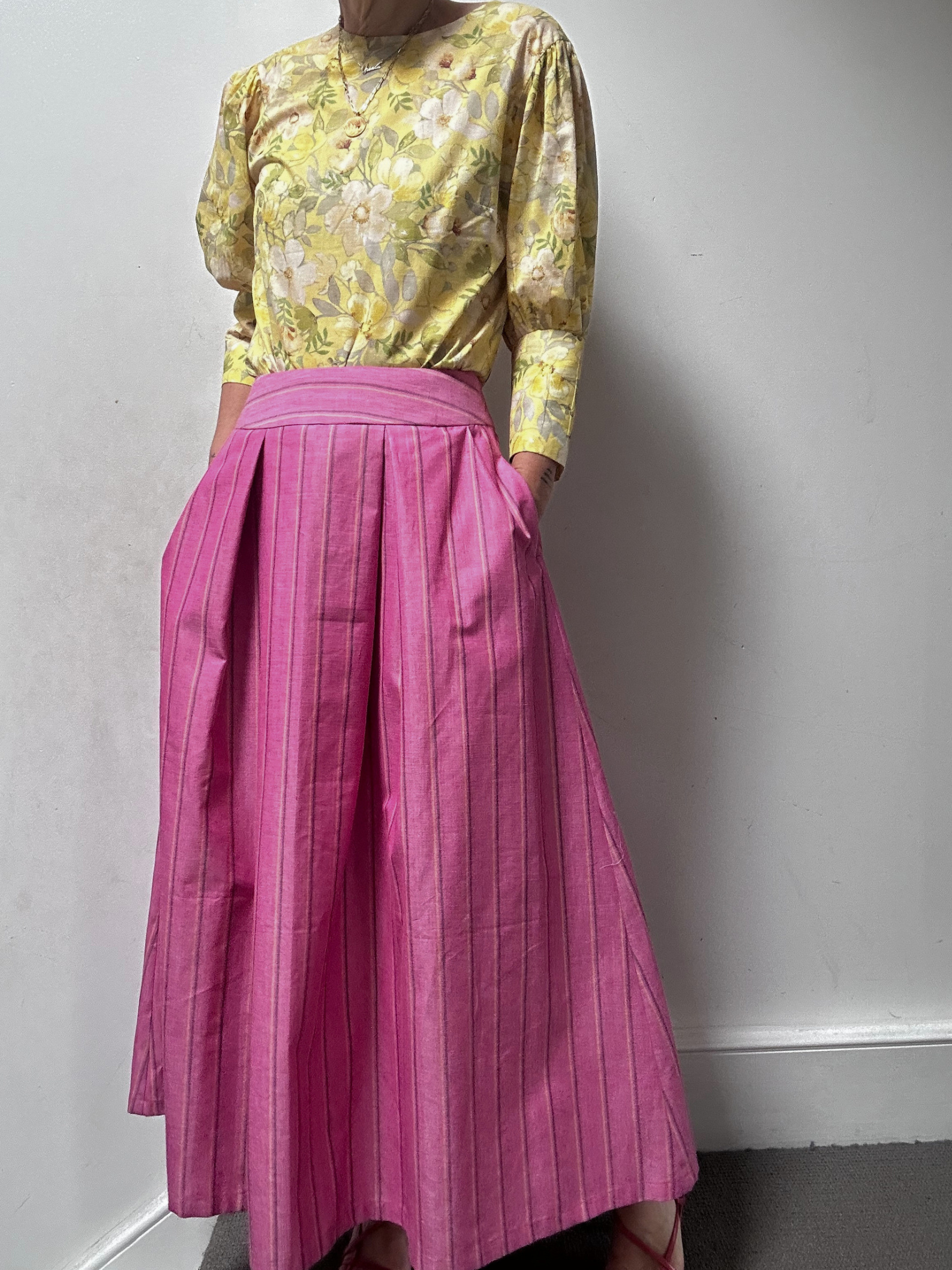 Maxi skirt with pockets Organic Linen Pink stripe – Valery | No More Nobody-1