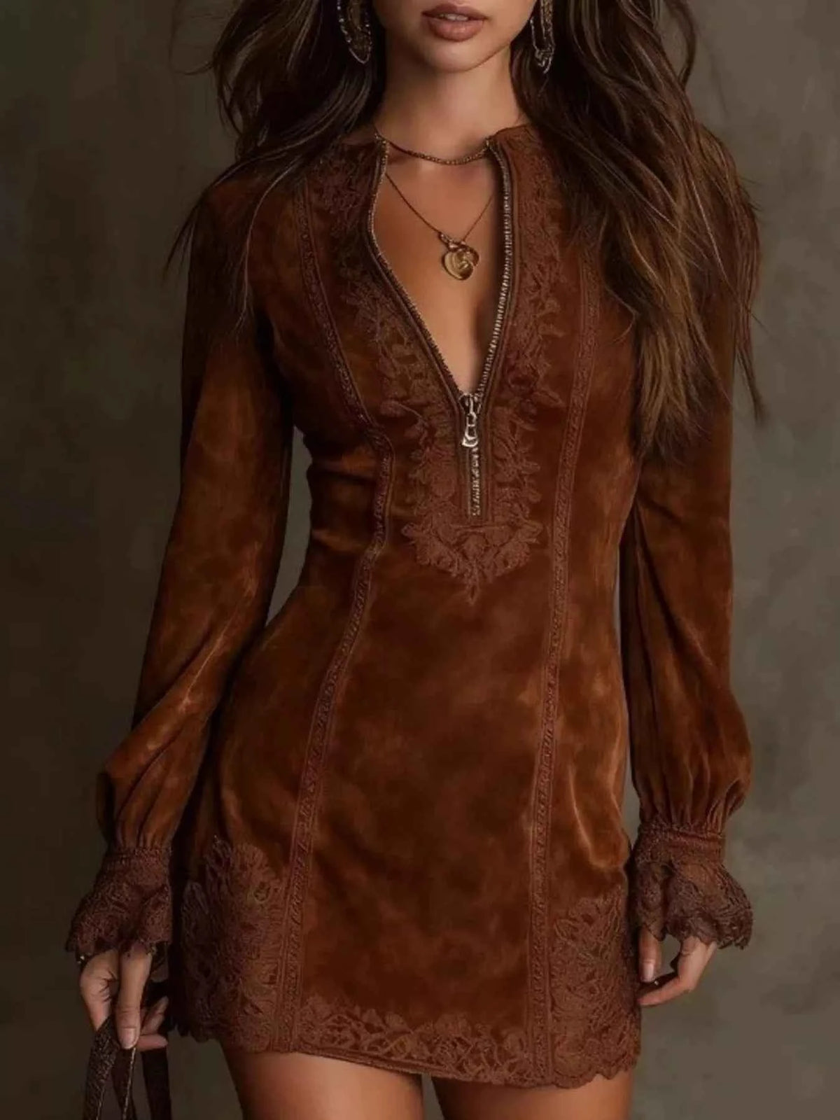 Full Size Zip-Front Long Sleeve Mini Dress Plus Size