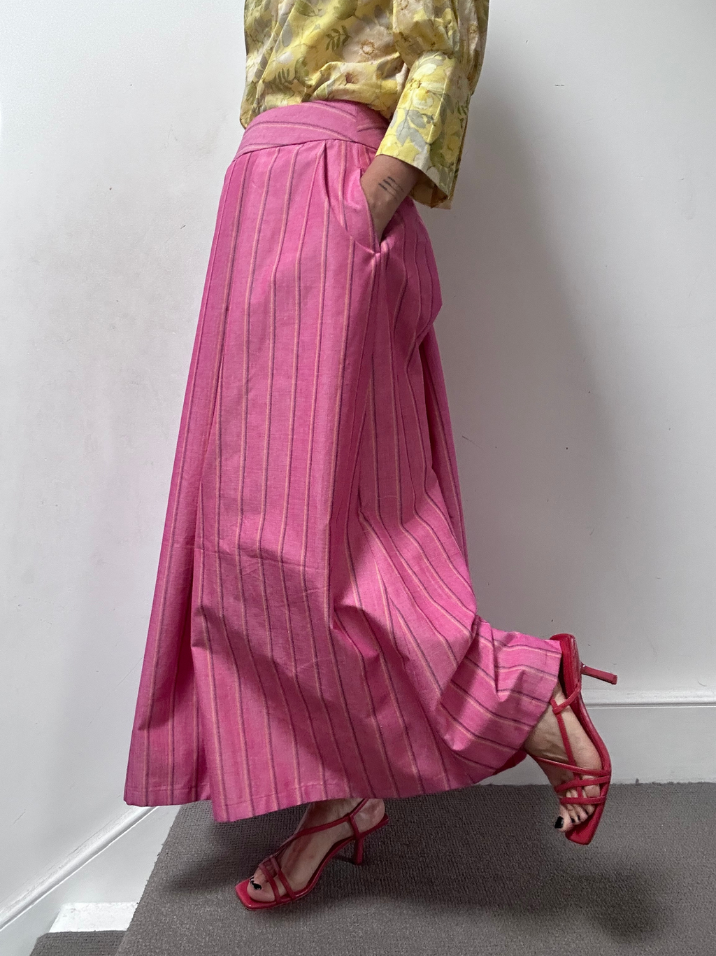 Maxi skirt with pockets Organic Linen Pink stripe – Valery | No More Nobody-4