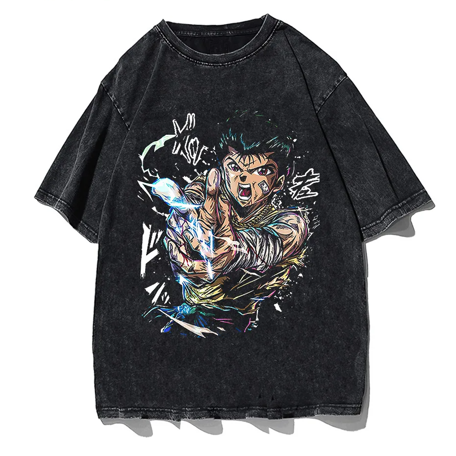 Hip Hop Vintage Washed T-Shirt Men Japanese Anime Boy Graphic Harajuku Streetwear Cotton Summer Tee-0