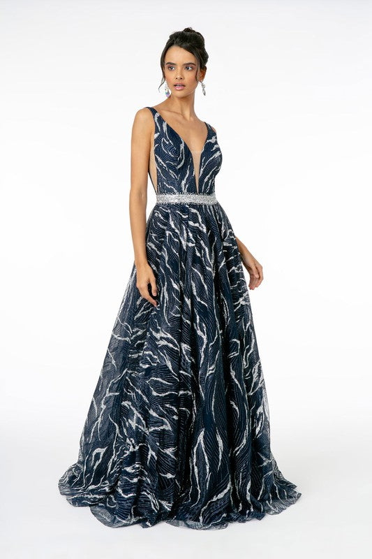 Jewel Accented Waist Glitter Long A-line Silhouette Dress from GLS by Gloria-1